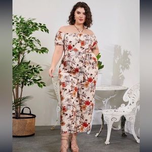SHEIN Plus Tan Floral Print Belted Bardot Jumpsuit